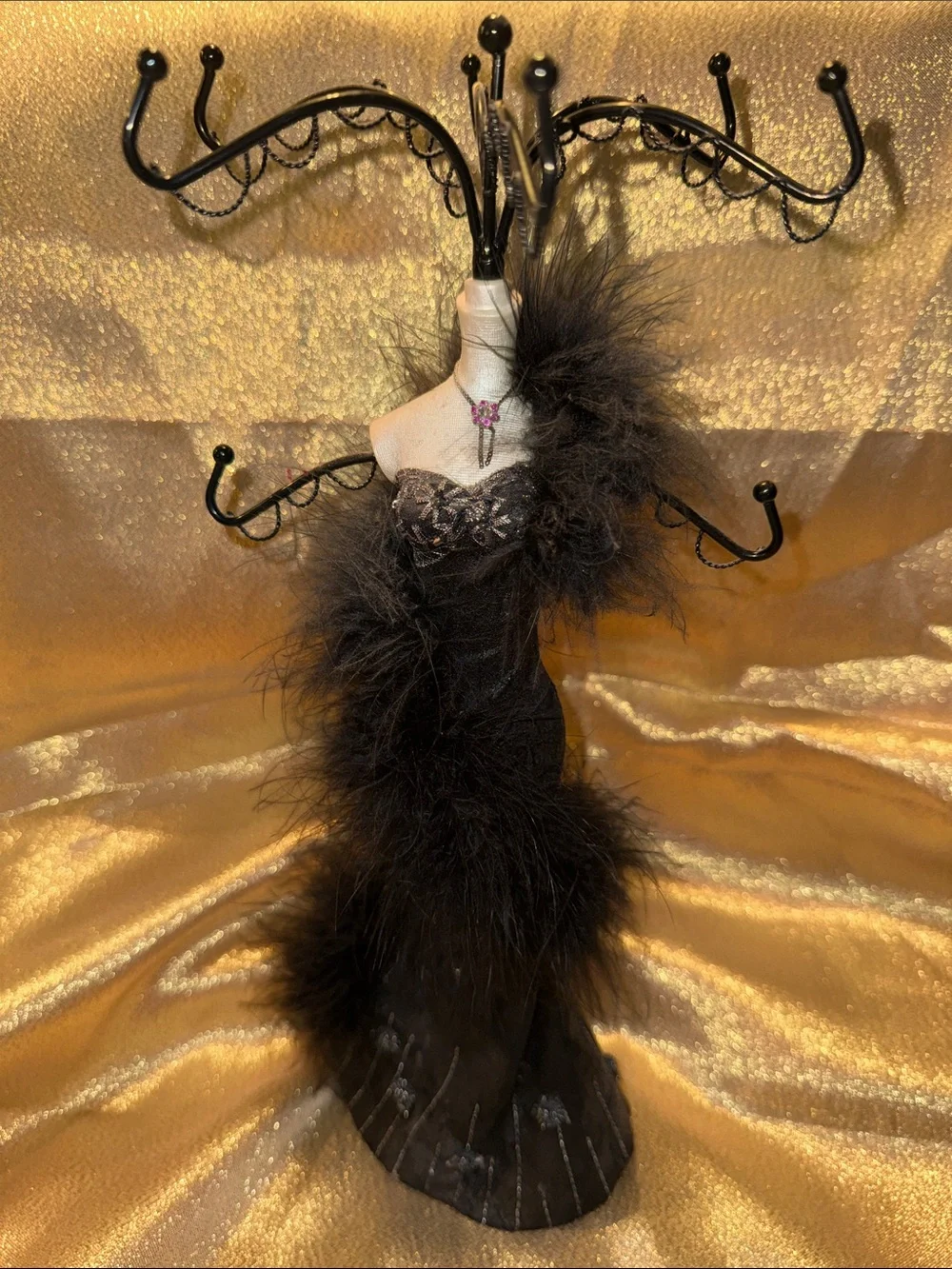 Elegant Black Feathered Dress Jewelry Stand